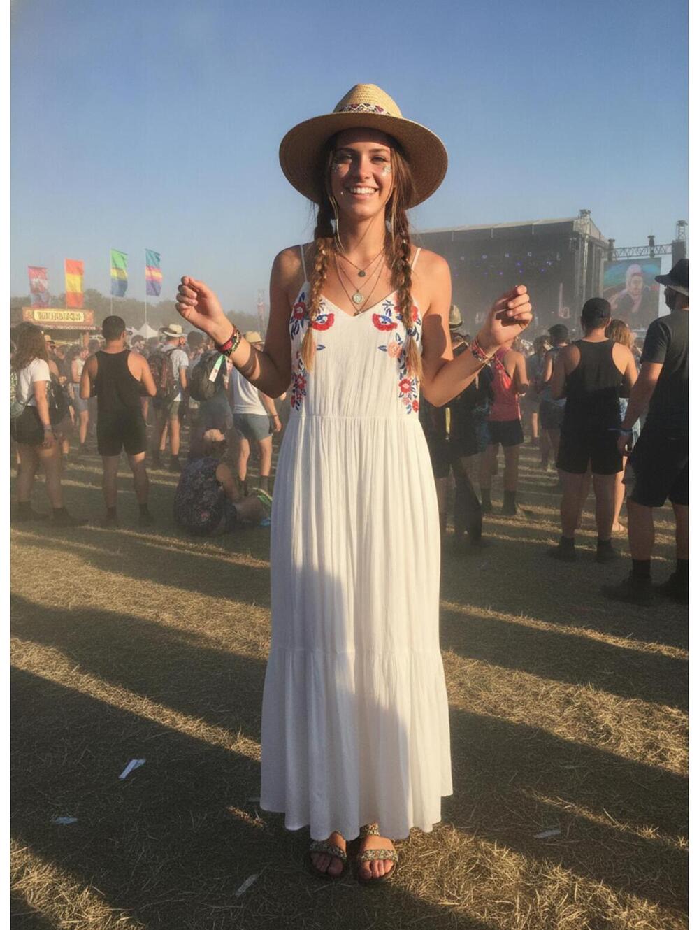 Bohemian  White Floral Romantic Summer Vacation Embroidered Maxi Dress Medium